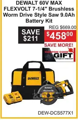 Atlas Tools & Machinery DEWALT 60V MAX FLEXVOLT 7-1/4 Brushless Worm Drive Style Saw 9.0Ah Battery Kit offer