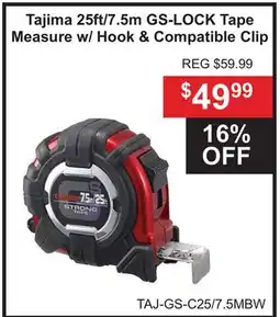 Atlas Tools & Machinery Tajima 25ft/7.5m GS-LOCK Tape Measure w/ Hook & Compatible Clip offer