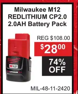 Atlas Tools & Machinery Milwaukee M12 REDLITHIUM CP2.0 2.0AH Battery Pack offer