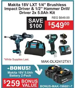 Atlas Tools & Machinery Makita 18V LXT 1/4 Brushless Impact Driver & 1/2 Hammer Drill/Driver 2x 5.0Ah Kit offer