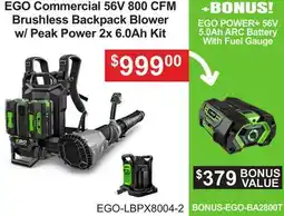 Atlas Tools & Machinery EGO Commercial 56V 800 CFM Brushless Backpack Blower w/ Peak Power 2x 6.0Ah Kit offer