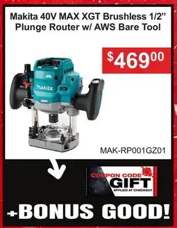 Atlas Tools & Machinery Makita 40V MAX XGT Brushless 1/2 Plunge Router w/ AWS Bare Tool offer