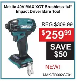 Atlas Tools & Machinery Makita 40V MAX XGT Brushless 1/4 Impact Driver Bare Tool offer