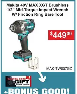 Atlas Tools & Machinery Makita 40V MAX XGT Brushless 1/2 Mid-Torque Impact Wrench W/Friction Ring offer