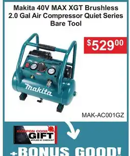 Atlas Tools & Machinery Makita 40V MAX XGT Brushless 2.0 Gal Air Compressor Quiet Series Bare Tool offer