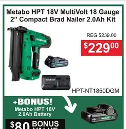 Atlas Tools & Machinery Metabo HPT 18V MultiVolt 18 Gauge 2 Compact Brad Nailer 2.0Ah Kit offer