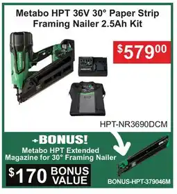 Atlas Tools & Machinery Metabo HPT 36V 30° Paper Strip Framing Nailer 2.5Ah Kit offer