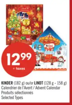 Pharmaprix KINDER (182 g) or LINDT (128 g - 158 g) Advent Calendar offer