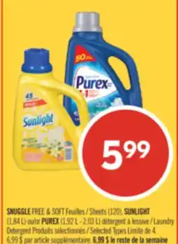 Pharmaprix SNUGGLE FREE & SOFT Sheets (120), SUNLIGHT (1.84 L) or PUREX (1.92 L - 2.03 L) Laundry Detergent offer