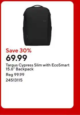 Staples Targus Cypress Slim with EcoSmart 15.6 Backpack offer