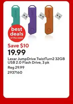 Staples Lexar JumpDrive TwistTurn2 32GB USB 2.0 Flash Drive, 3 pk offer