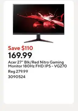 Staples Acer 27 Blk/Red Nitro Gaming Monitor 180Hz FHD IPS - VG270 offer