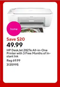 Staples HP DeskJet 2827e All-in-One Printer with 3 Free Months of Instant Ink offer