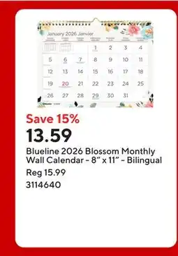 Staples Blueline 2026 Blossom Monthly Wall Calendar - 8 x 11 - Bilingual offer