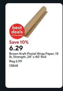Staples Brown Kraft Postal Wrap Paper, 15 lb. Strength, 24 x 40' Roll offer