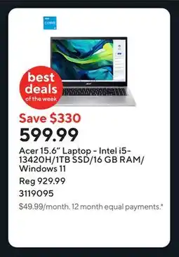 Staples Acer 15.6 Laptop - Intel i5-13420H/1TB SSD/16 GB RAM/Windows 11 offer