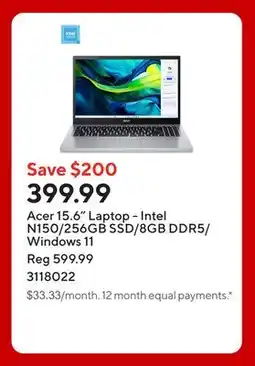 Staples Acer 15.6 Laptop - Intel N150/256GB SSD/8GB DDR5/Windows 11 offer