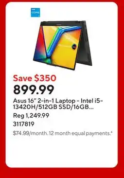 Staples Asus 16 2-in-1 Laptop - Intel i5-13420H/512GB SSD/16GB RAM/Touchscreen/Windows 11 Home offer
