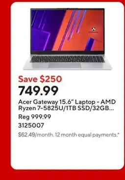 Staples Acer Gateway 15.6 Laptop - AMD Ryzen 7-5825U/1TB SSD/32GB RAM/Window 11 offer