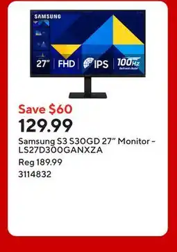 Staples Samsung S3 S30GD 27 Monitor - LS27D300GANXZA offer