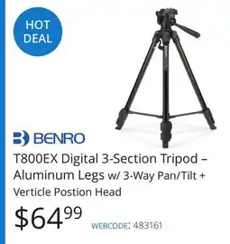 Vistek BENRO T800EX Digital 3-Section Tripod – Aluminum Legs w/ 3-Way Pan/Tilt + Verticle Postion Head offer