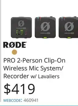 Vistek Rode PRO 2-Person Clip-On Wireless Mic System/ Recorder w/ Lavaliers offer