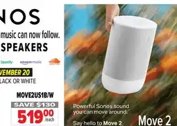 2001 Audio Video MOVE2US1B/W SONOS PORTABLE SPEAKERS offer