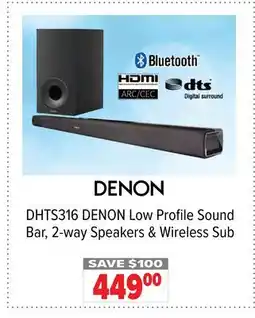 2001 Audio Video DHTS316 DENON Low Profile Sound Bar, 2-way Speakers & Wireless Sub offer