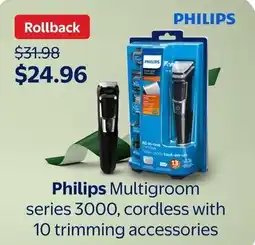 Walmart Philips Multigroom series 3000, cordless with 10 trimming accessories offer