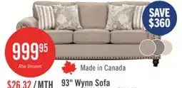 The Brick Made in Canada Wynn 93 Chenille Fabric Sofa with Nailhead Trim and Wood Bun Legs - Taupe offer