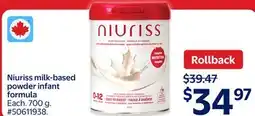 Walmart Niuriss milk-based powder infant formula offer