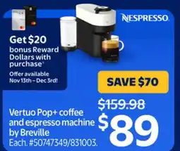 Walmart Vertuo Pop+ coffee and espresso machine by Breville offer