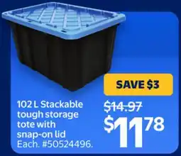 Walmart 102 L Stackable tough storage tote with snap-on lid offer