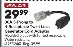 Princess Auto 30A 3-Prong to 4-Receptacle Twist Lock Generator Cord Adapter offer