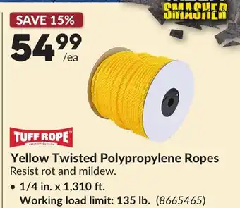 Princess Auto Yellow Twisted Polypropylene Ropes, 1/4 in. x 1,310 ft. Working load limit: 135 lb offer