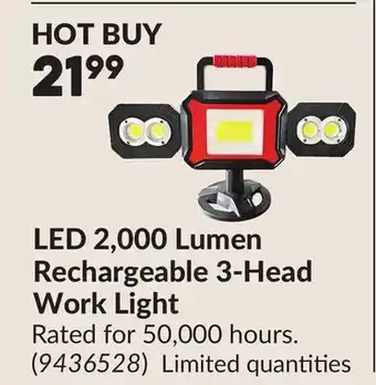 Princess Auto LED 2,000 Lumen Rechargeable 3-Head Work Light offer