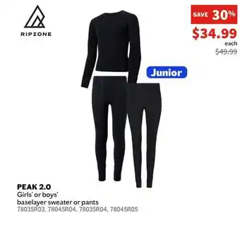 Sports Experts RIPZONE PEAK 2.0 Girls' or boys' baselayer sweater or pants offer