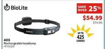 Sports Experts BIOLITE 425 Rechargeable headlamp offer