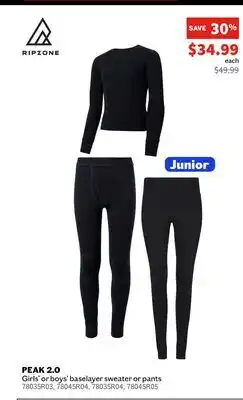Sports Experts Ripzone Junior PEAK 2.0 Girls' or boys' baselayer sweater or pants offer