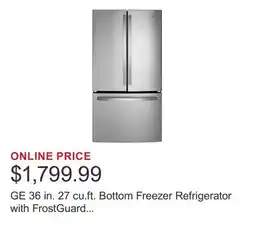 Costco GE 36 in. 27 cu.ft. Bottom Freezer Refrigerator with FrostGuard technology offer