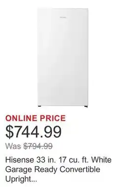Costco Hisense 33 in. 17 cu. ft. White Garage Ready Convertible Upright Freezer or Fridge with Frost Free offer