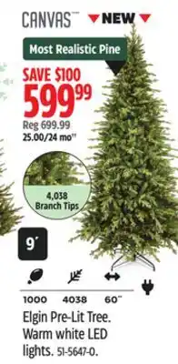 Canadian Tire CANVAS Elgin Pre-Lit Tree. Warm white LED lights offer