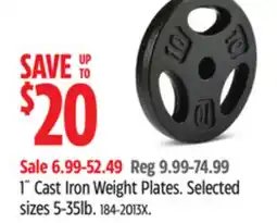Canadian Tire 1˝ Cast Iron Weight Plates. Selected sizes 5-35lb offer