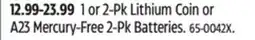 Canadian Tire Energizer 1 or 2-Pk Lithium Coin or A23 Mercury-Free 2-Pk Batteries offer