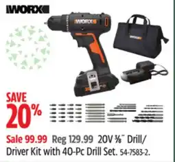Canadian Tire WORX 20V 3⁄8˝ Drill/ Driver Kit with 40-Pc Drill Set offer