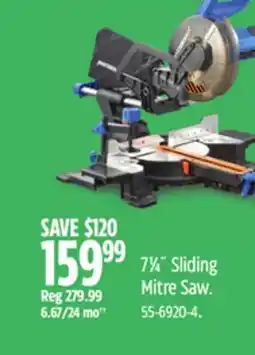 Canadian Tire MASTERCRAFT 71⁄4˝ Sliding Mitre Saw offer