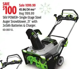 Canadian Tire 56V POWER Single-Stage Steel Auger Snowblower offer