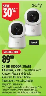 Canadian Tire EUFY 2K HD INDOOR SMART CAMERA, 2-PK offer