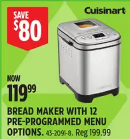 Canadian Tire CUISINART BREAD MAKER WITH 12 PRE-PROGRAMMED MENU OPTIONS offer