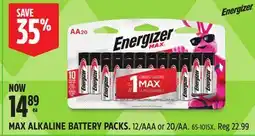 Canadian Tire Energizer MAX ALKALINE BATTERY PACKS offer